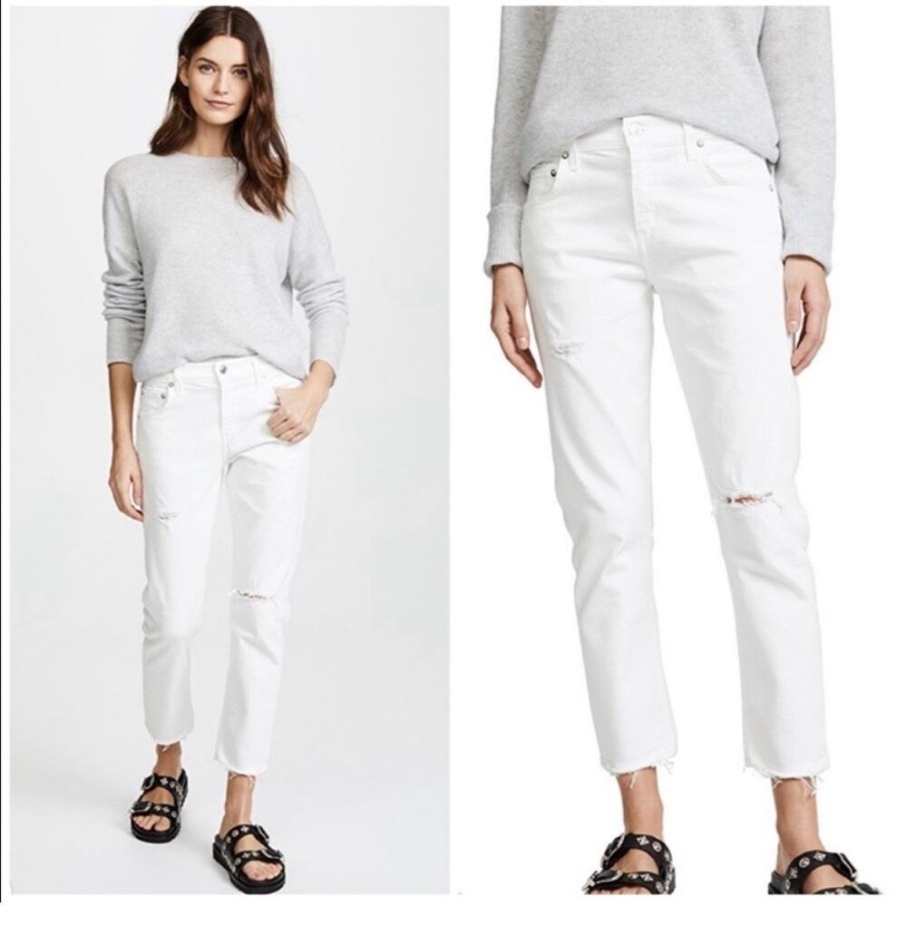 Agolde Isabel Ankle Slim Boyfriend Distressed White Denim Jeans Size 24